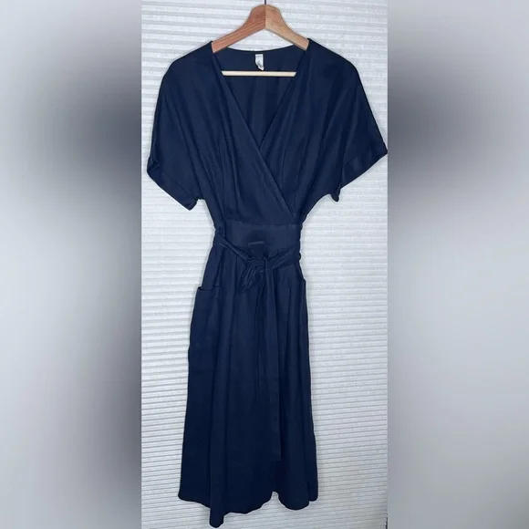 Grae Cove Frankie Linen Navy Blue Pocket V-neck Wrap Belted Midi Dress Large - Picture 2 of 10